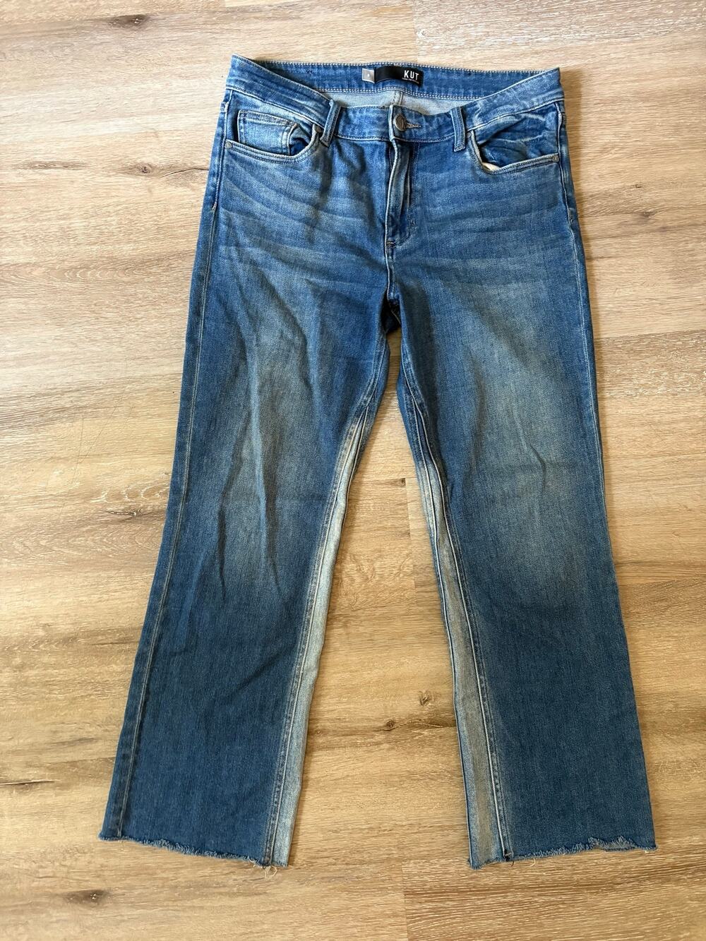KUT from the Kloth flare leg jeans raw hem